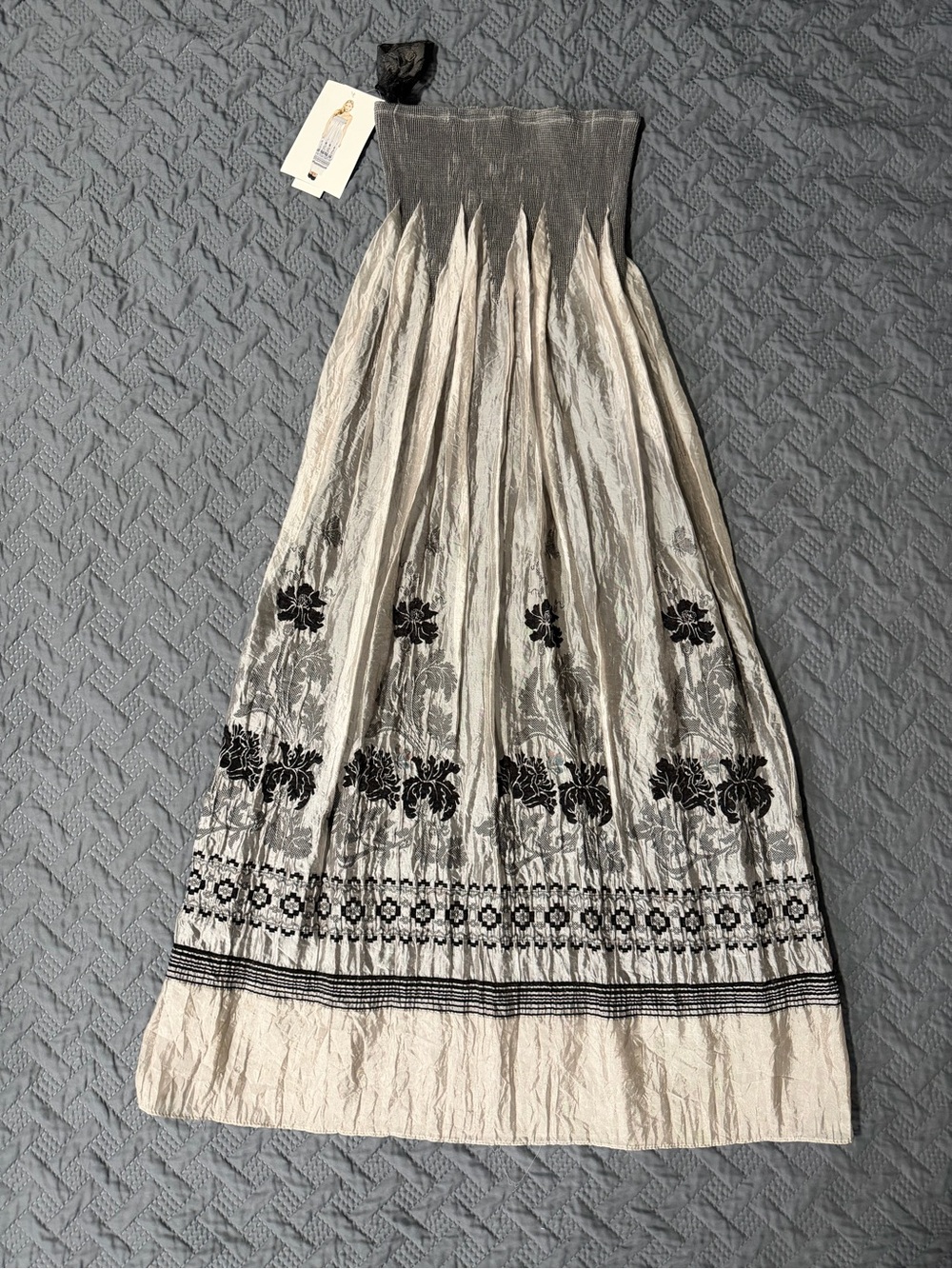 Lapis Strapless Cream and Black Embroidered Maxi Dress